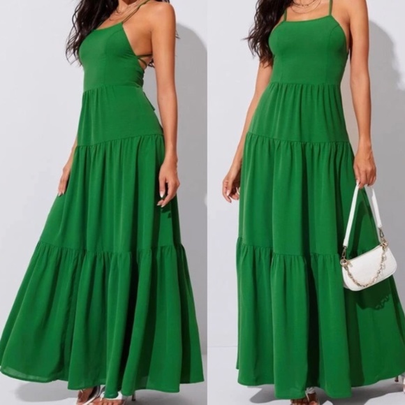 Boho Royal Blue Criss Cross Lace up Back Ruffle Maxi Dress - Picture 4 of 6